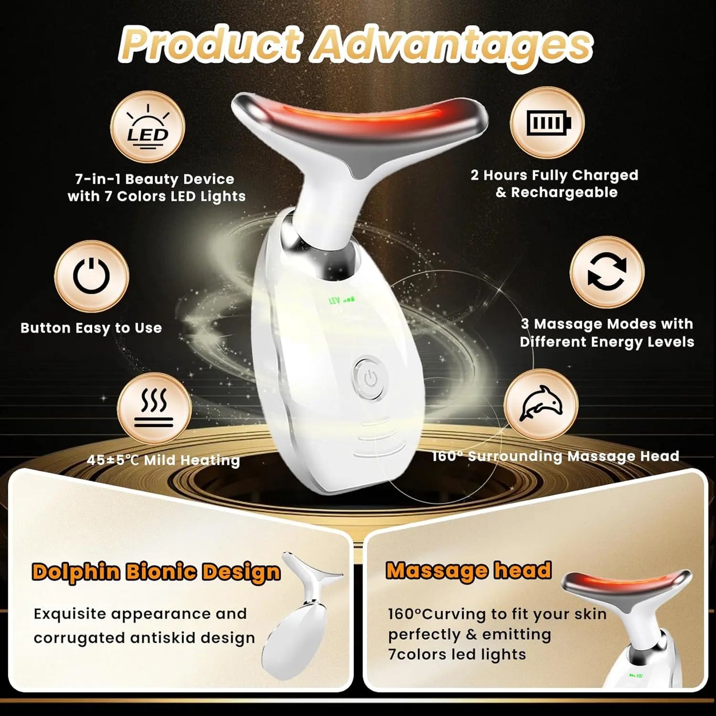 Face and Neck Massager, 7 Colors Face Sculpting Tool，Face Lift Device for Skin Care，At-Home Face Tool with Vibration and Thermal (White)
